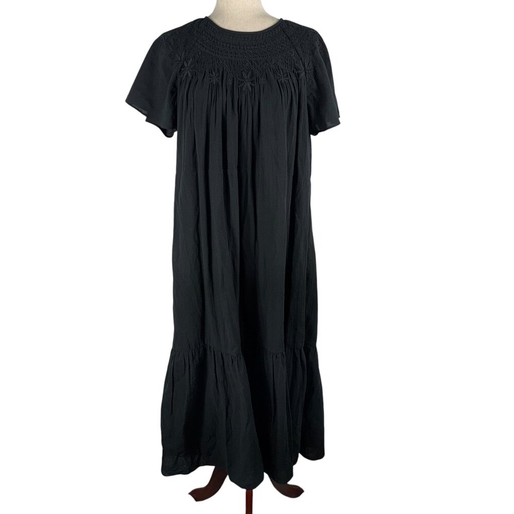 Madewell Black Cotton Boho Embroidered Tiered Midi Dress Size XS - Picture 4 of 15